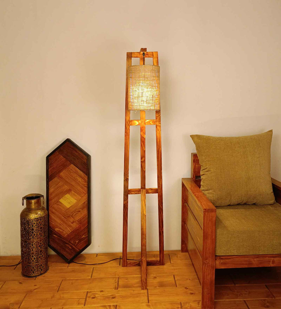 Achille Wooden Floor Lamp with Brown Base and Jute Fabric Lampshade