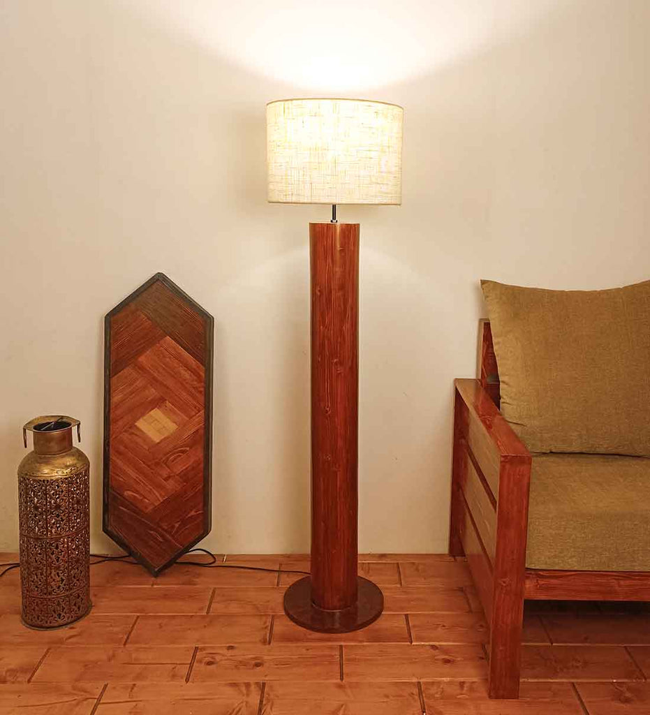 Solid Wood Cedar Beige Fabric Lampshade Floor Lamp With Brown Base