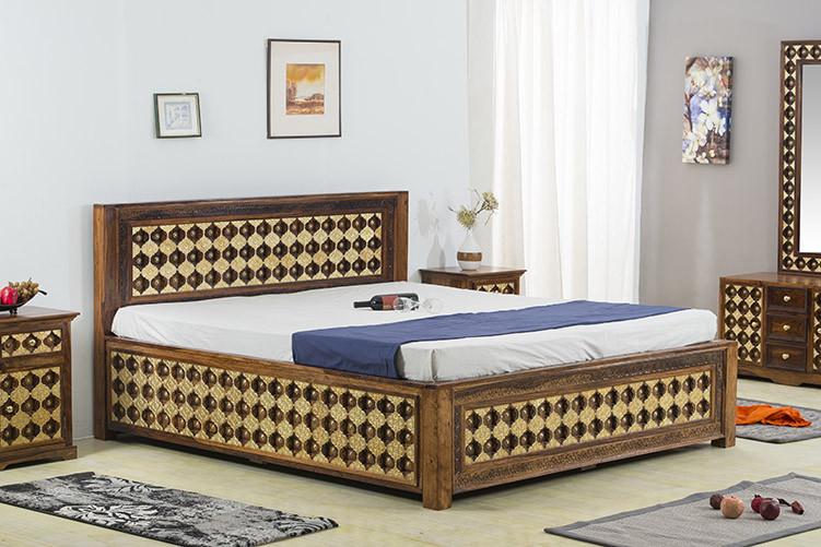 Solid Wood Brass Bed A with Storage