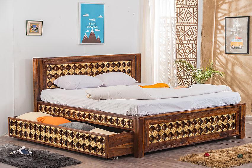 Solid Wood Brass Bed A with Trolley Storage