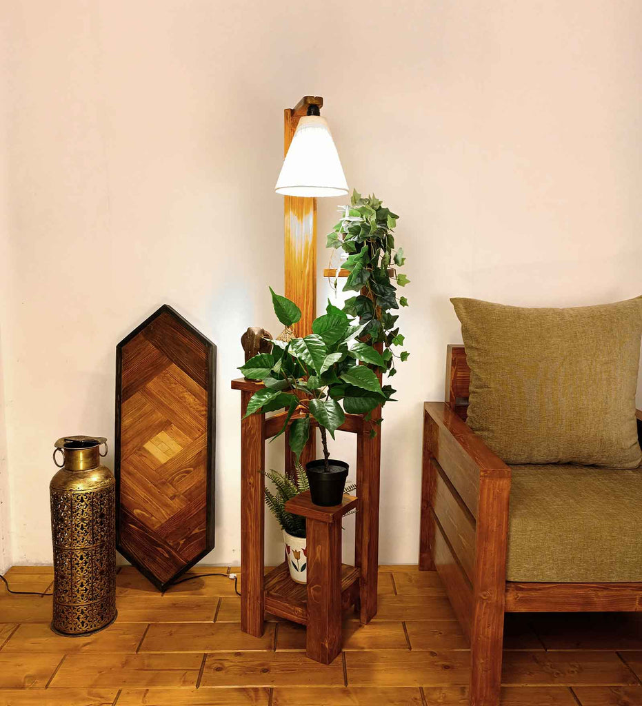 Dorian Wooden Floor Lamp with Brown Base and Jute Fabric Lampshade
