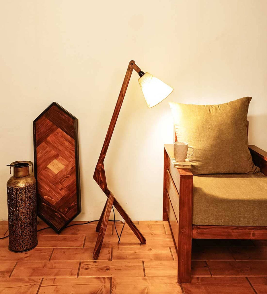 Emphasis Wooden Floor Lamp with Brown Base and Beige Fabric LampShade