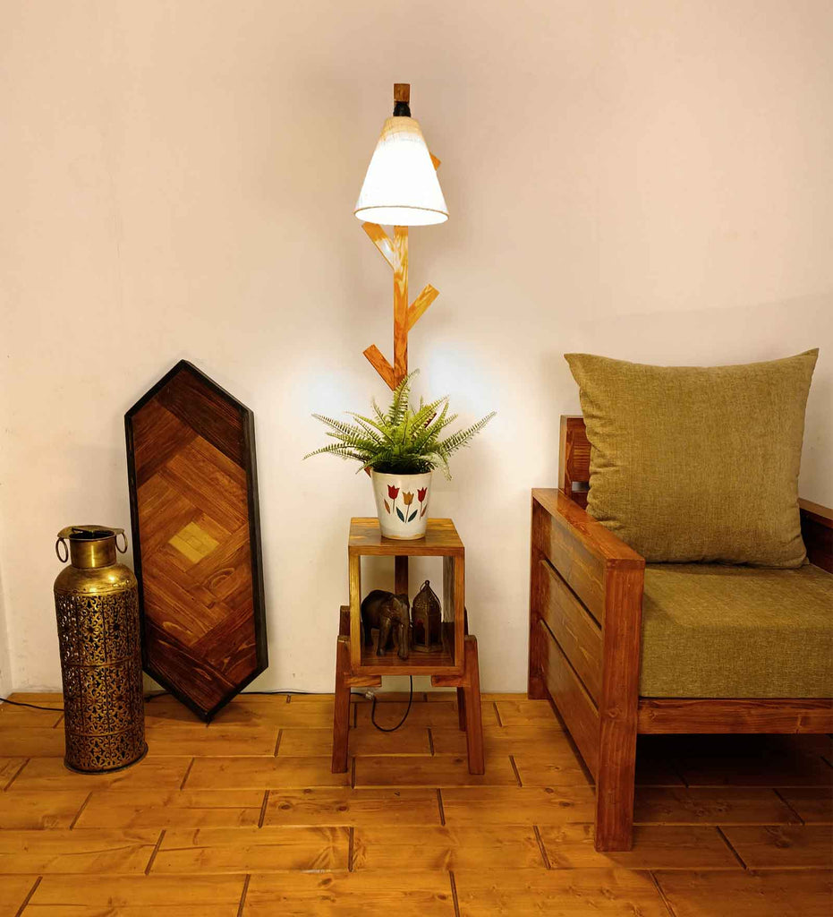 Gerard Wooden Floor Lamp with Brown Base and Jute Fabric Lampshade