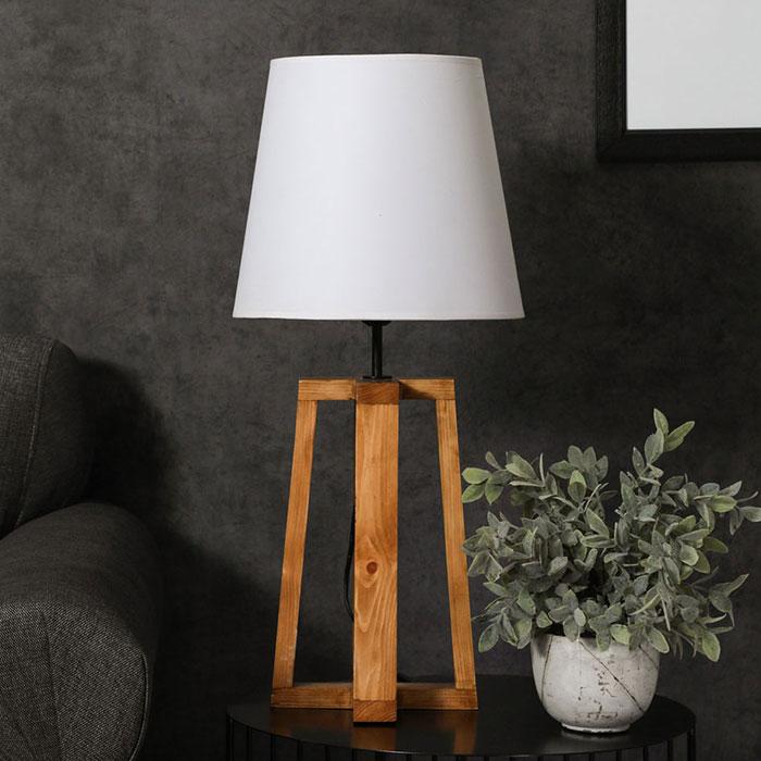 Solid Wood Blender White Fabric Lampshade Table Lamp With Brown Base