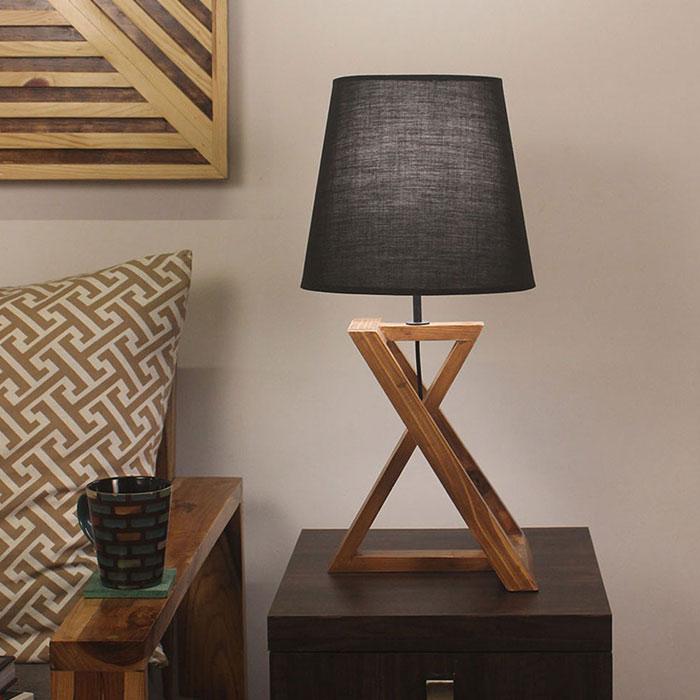Solid Wood Catapult Black Fabric Lampshade Table Lamp With Brown Base