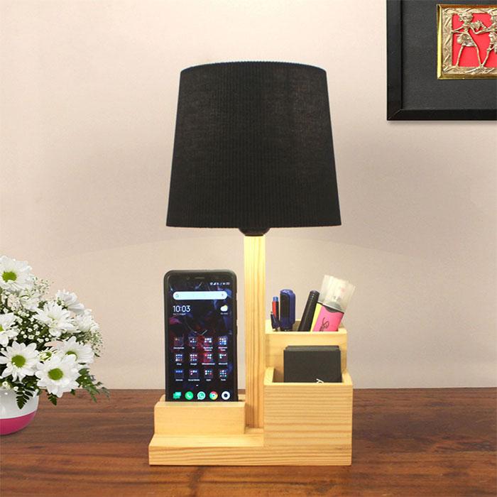Solid Wood Classic Black Fabric Lampshade Table Lamp With Desk Organizer
