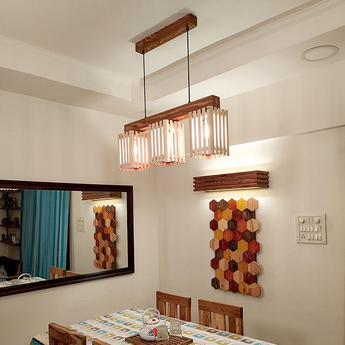 Solid Wood Elegant Series Hanging Light With Beige & Brown Base
