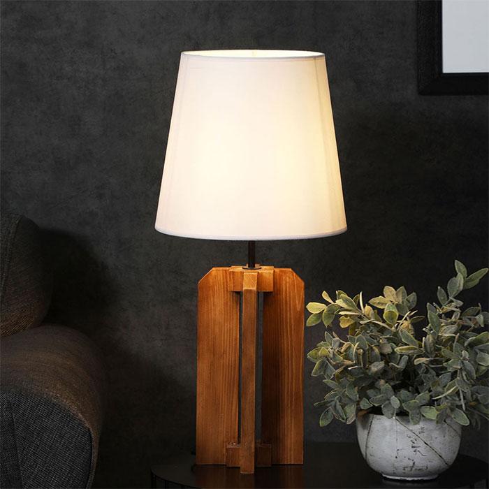 Solid Wood Inca White Fabric Lampshade Table Lamp With Brown Base