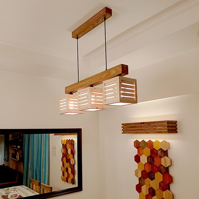 Solid Wood Lyon Series Hanging Light With Beige & Brown Base