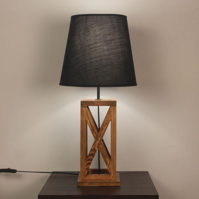Solid Wood Symmetric Black Fabric Shade Table Lamp With Brown Base