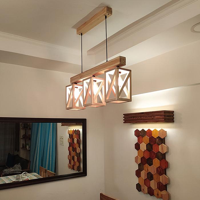 Solid Wood Symmetric Series Hanging Light With Beige Base