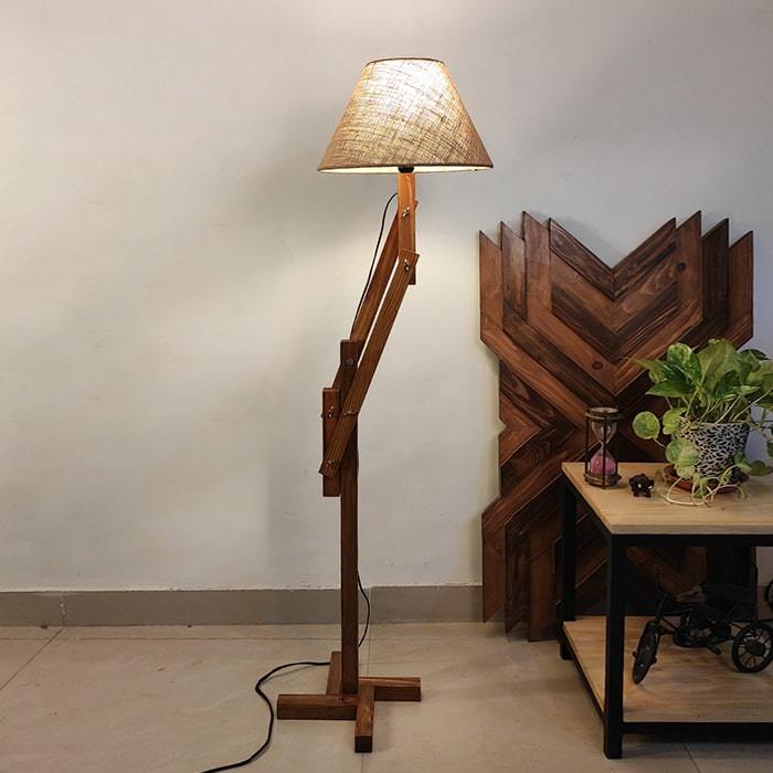 Solid Wood Flamingo Beige Fabric Lampshade Floor Lamp With Brown Base
