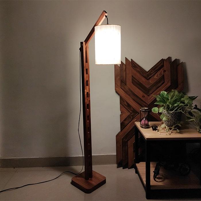 Solid Wood Hinge White Fabric Lampshade Floor Lamp With Brown Base