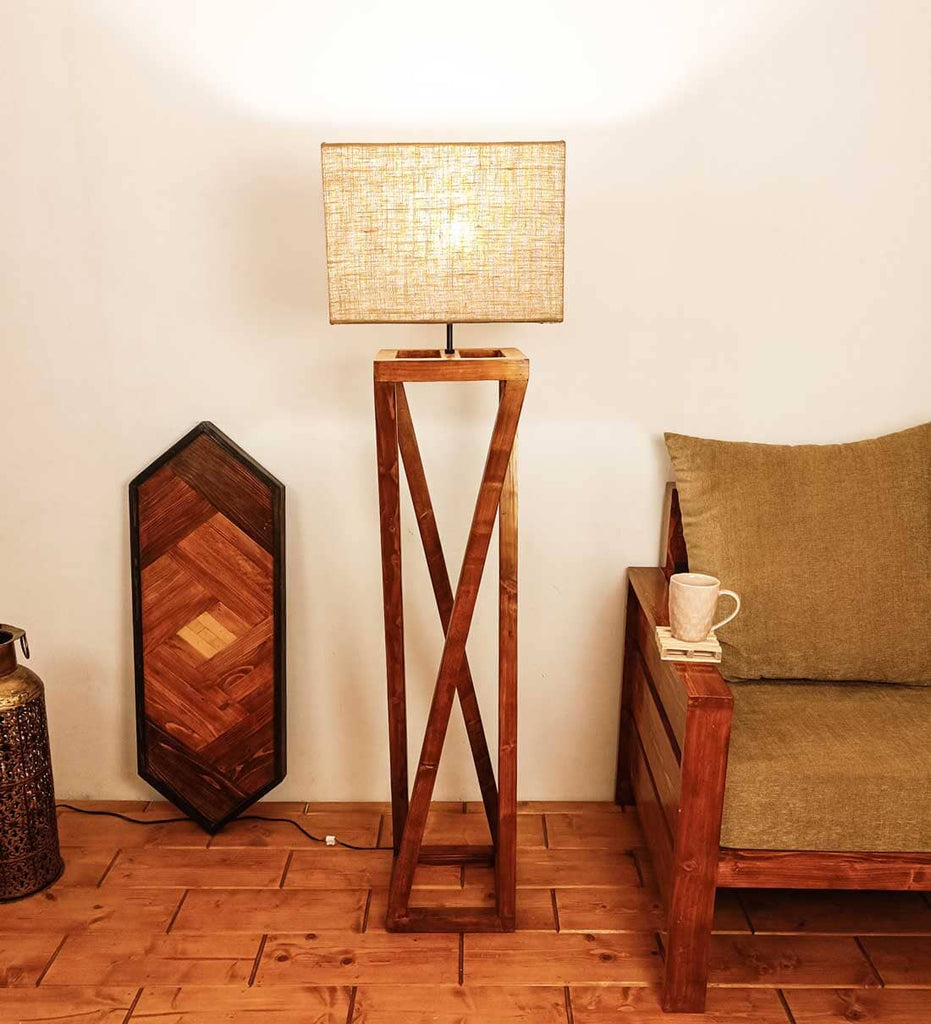 Remy Wooden Floor Lamp with Brown Base and Beige Fabric Lampshade