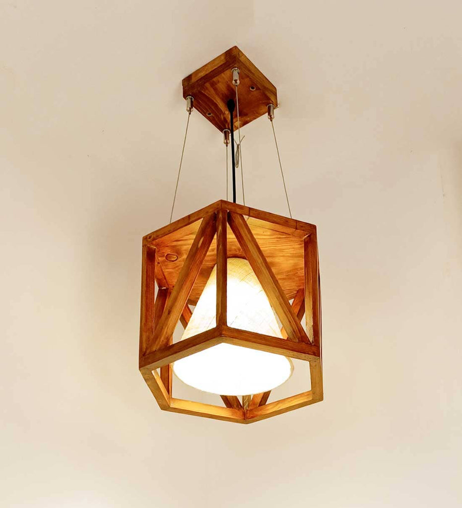 Symmetric Hexa Brown Wooden Single Hanging Lamp