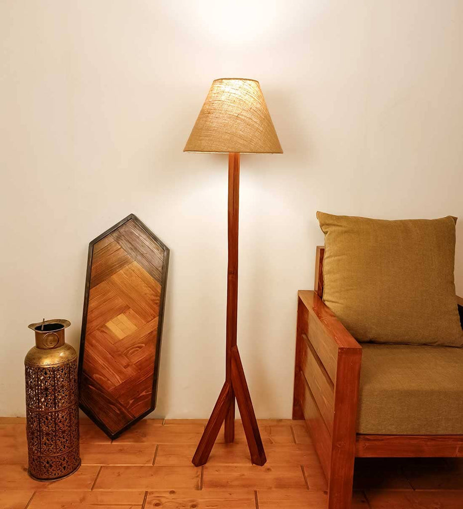 Trinca Wooden Floor Lamp with Brown Base and Jute Fabric Lamp Shade
