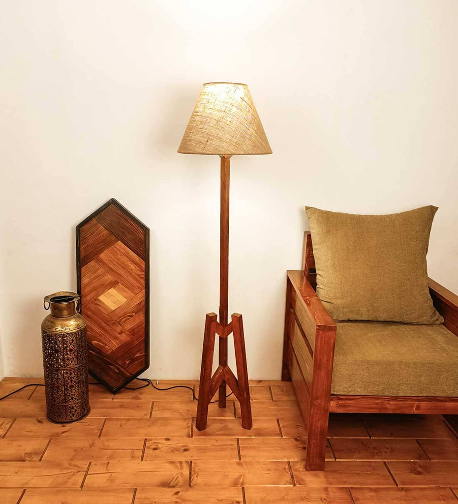 Solid Wood Troika Beige Lampshade Floor Lamp With Brown Base