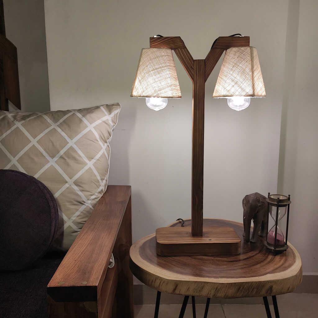 Elania Wooden Table Lamp with Brown Base and Premium White Fabric Lampshade