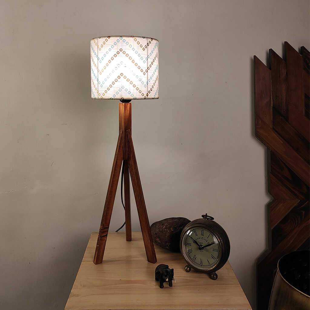 Triune Brown Wooden Table Lamp with White Printed Lampshade