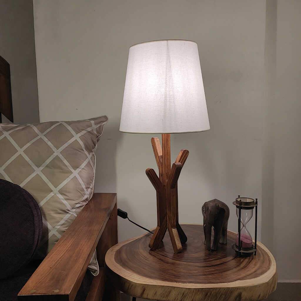 Vrikshya Wooden Table Lamp with Brown Base and Premium White Fabric Lampshade