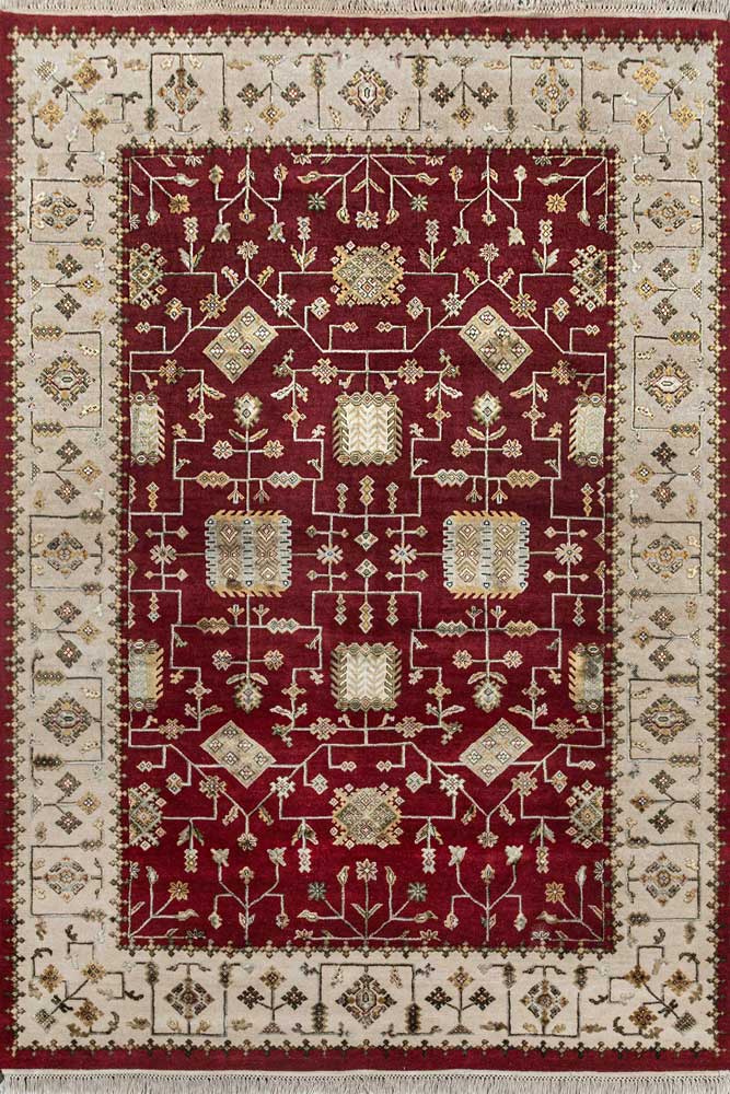 Luxury - Basis Red Ivory Wool & Silk Hand Knotted Premium Carpet