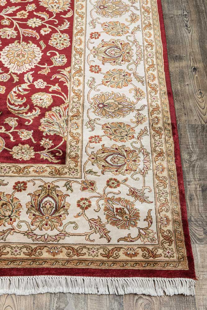 Luxury - Basis Red Ivory Wool & Silk Hand Knotted Premium Carpet