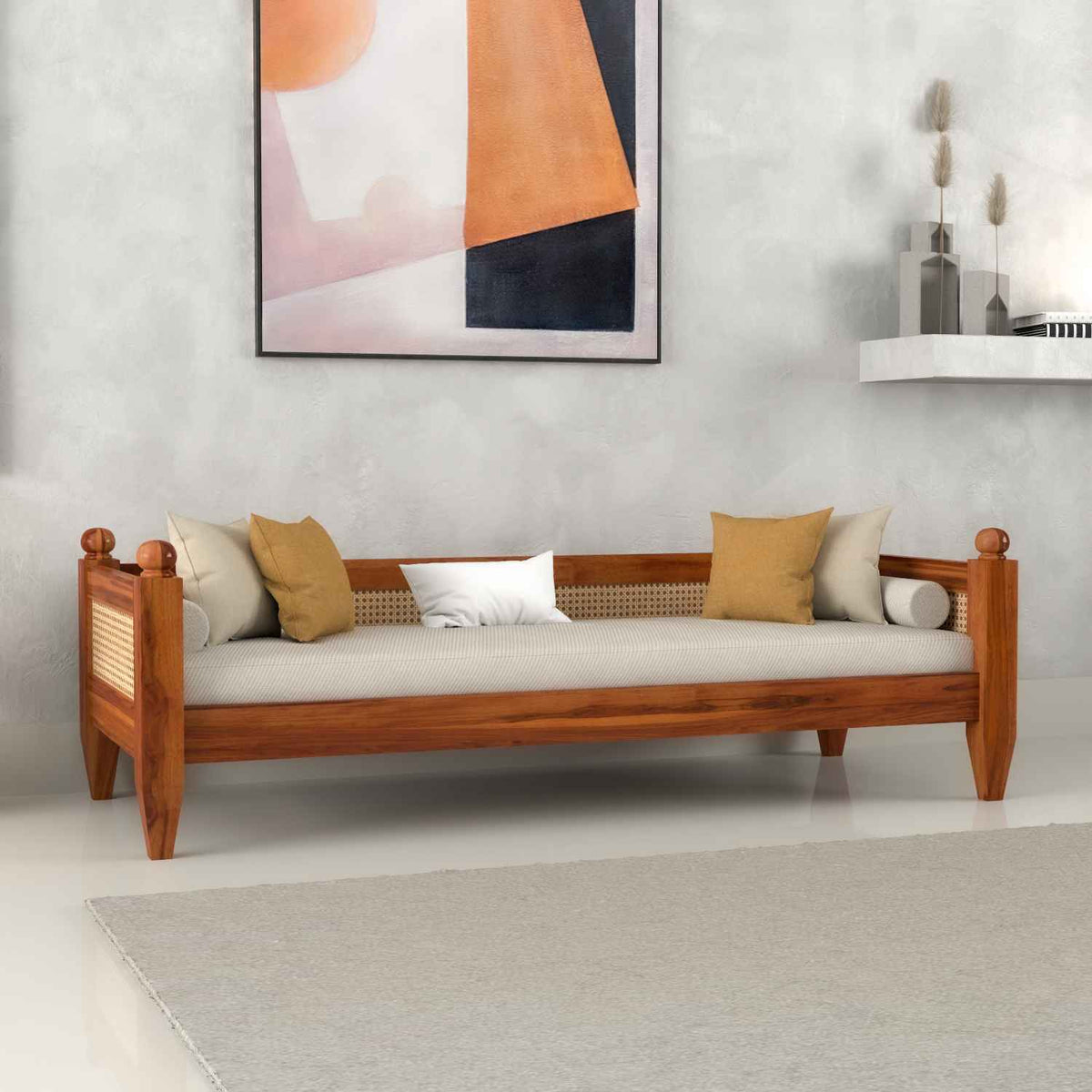 Solid Wood Scane Daybed with Handcrafted Cane Backrest