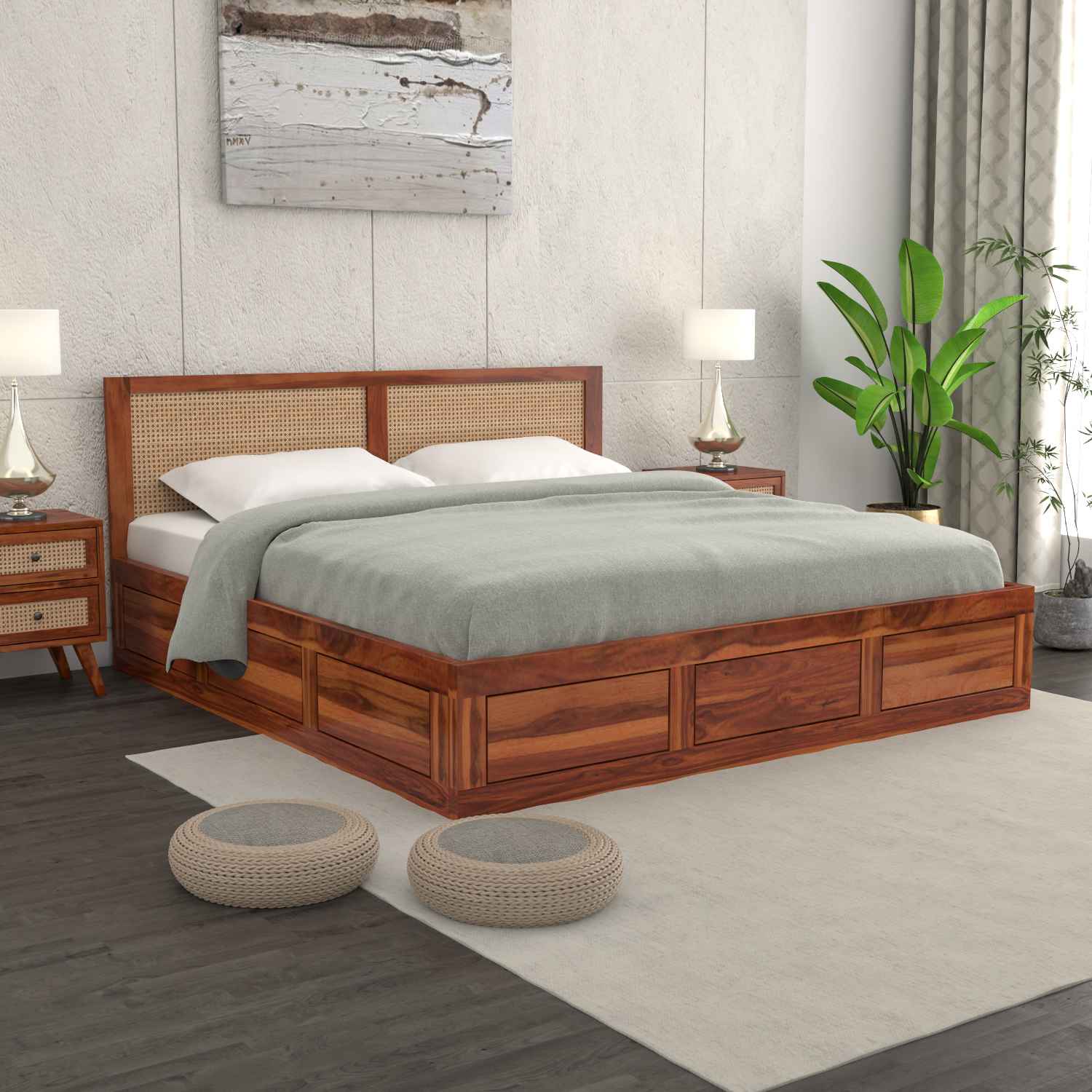 Solid Wood Scane Storage Bed with Artisanal Rattan Headboard