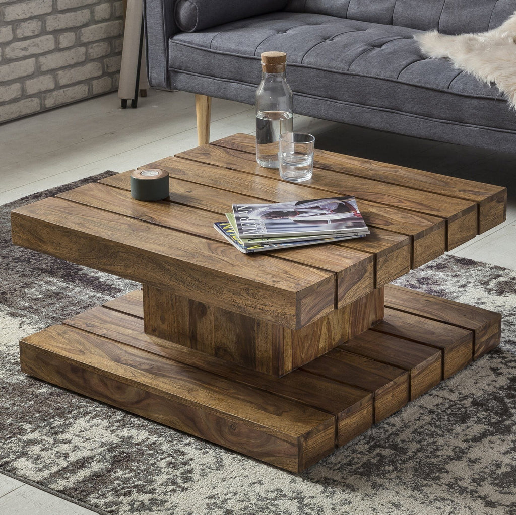 Solid Wood Groove Square Coffee Table Stone