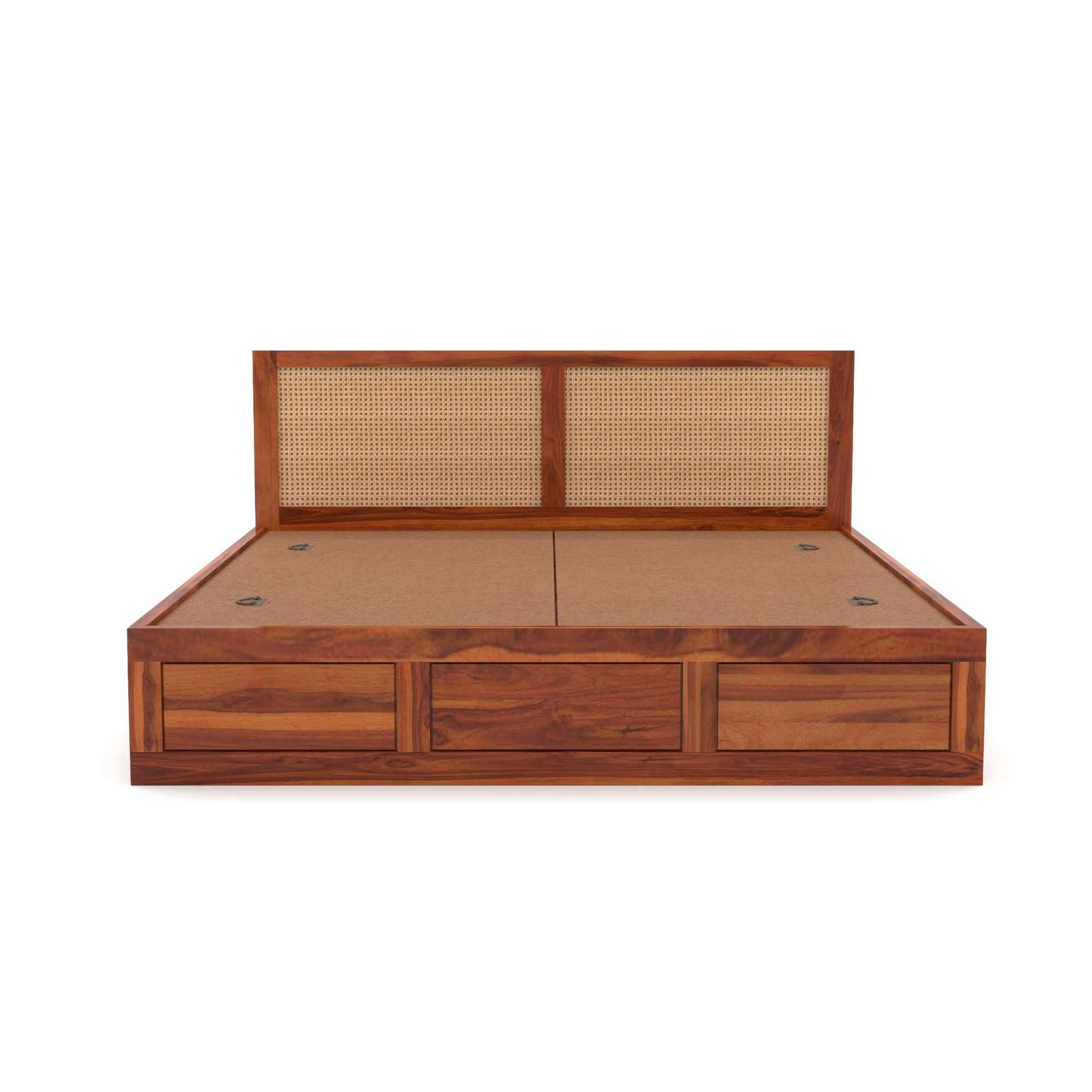 Solid Wood Scane Storage Bed with Artisanal Rattan Headboard