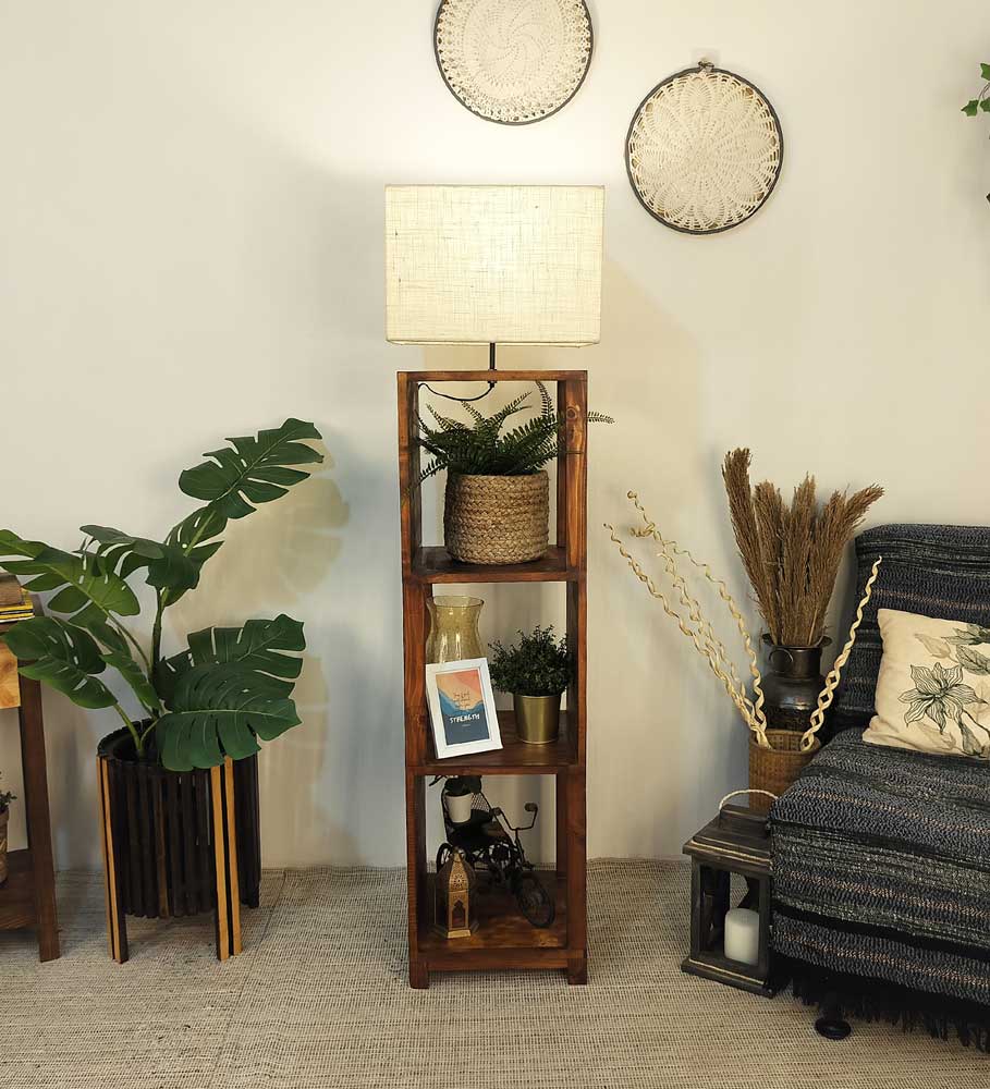 Agnes Wooden Floor Lamp with Brown Base and Jute Fabric Lamp Shade