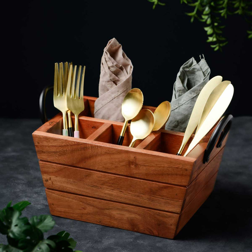 Solid Wood Boat Cutlery Caddy/Holder with Horseshoe Handle