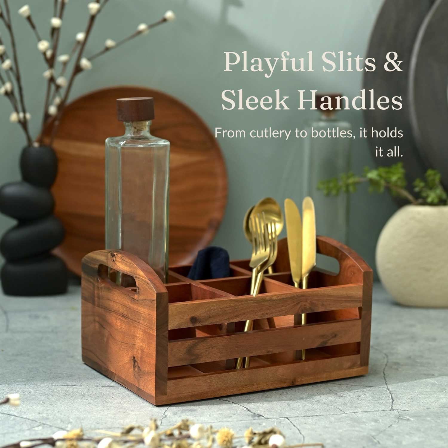 Solid Wood Two in One Flatware Organizer and Tea Glass Holder