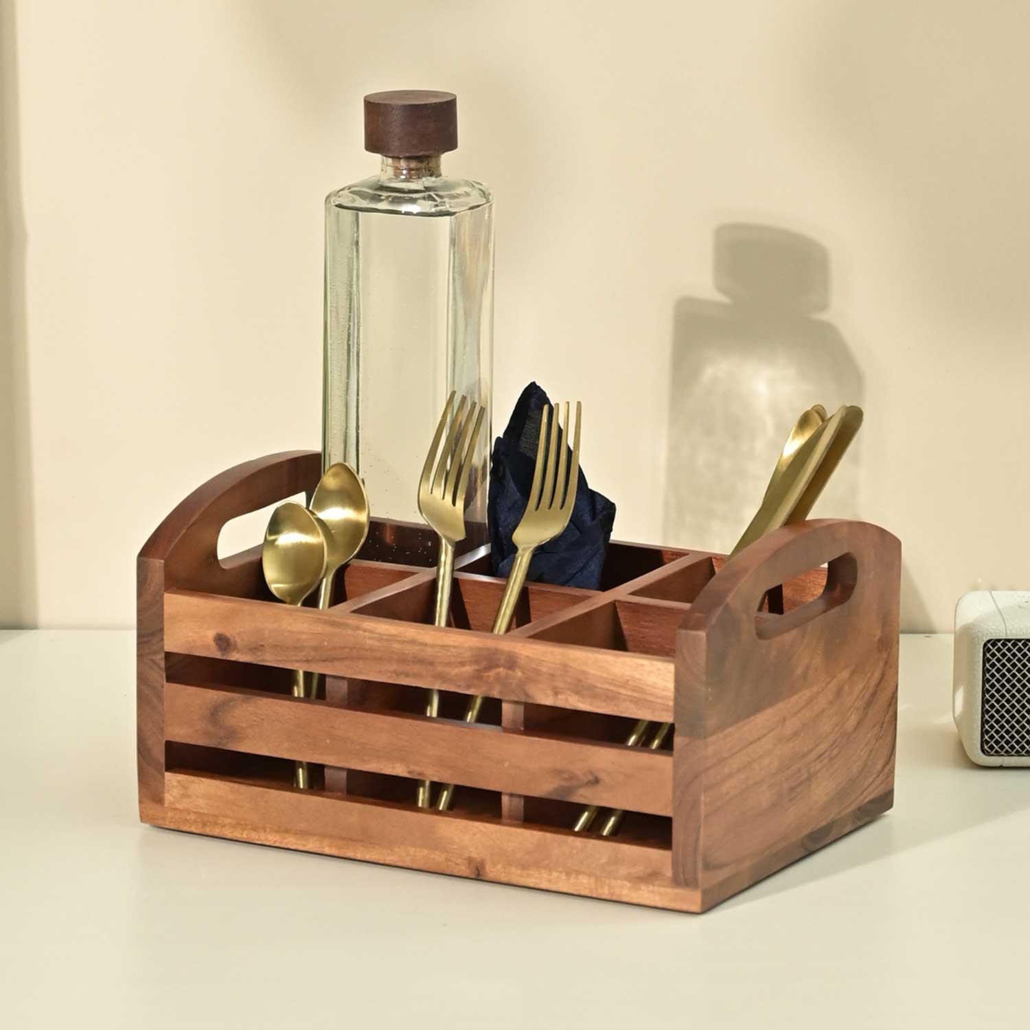 Solid Wood Two in One Flatware Organizer and Tea Glass Holder