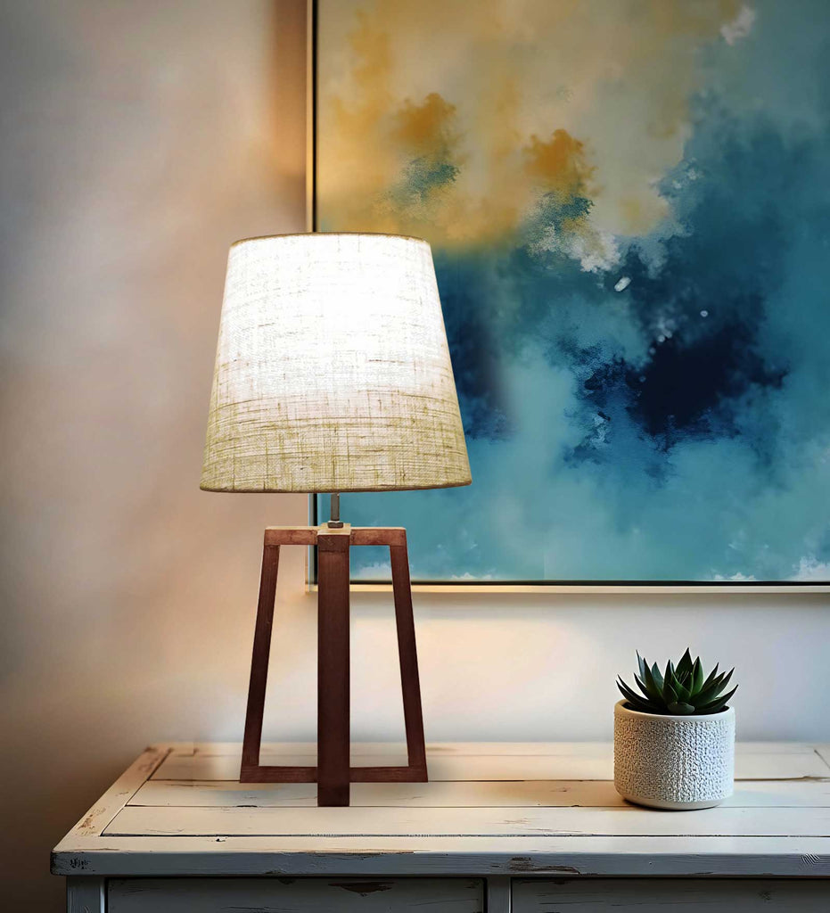 Solid Wood Blender White Fabric Lampshade Table Lamp With Brown Base