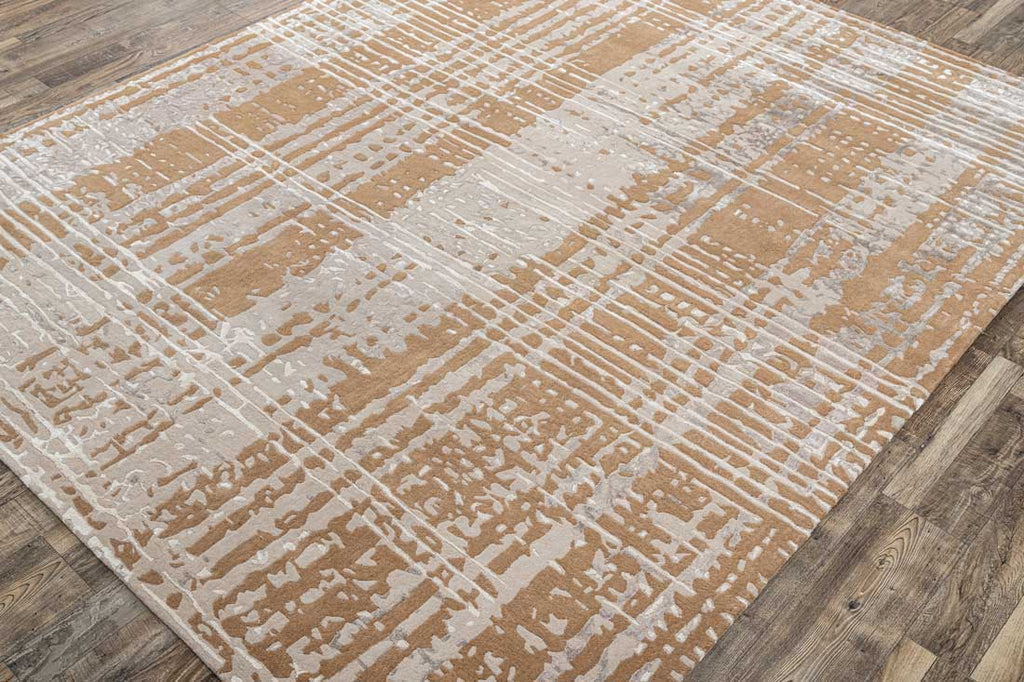 Checks Beige Gold Wool And Bamboo Silk Hand Tufted Carpet