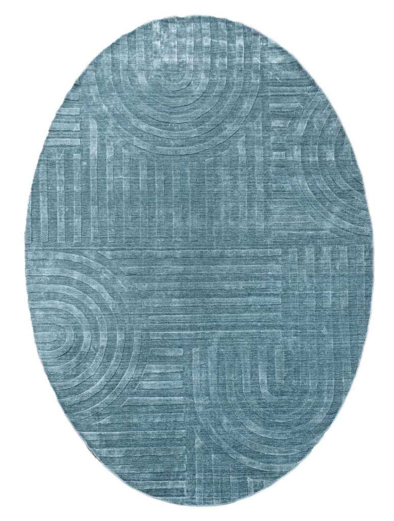 Curve Oval Dark Blue Wool And Bamboo Silk Handloom Carpet