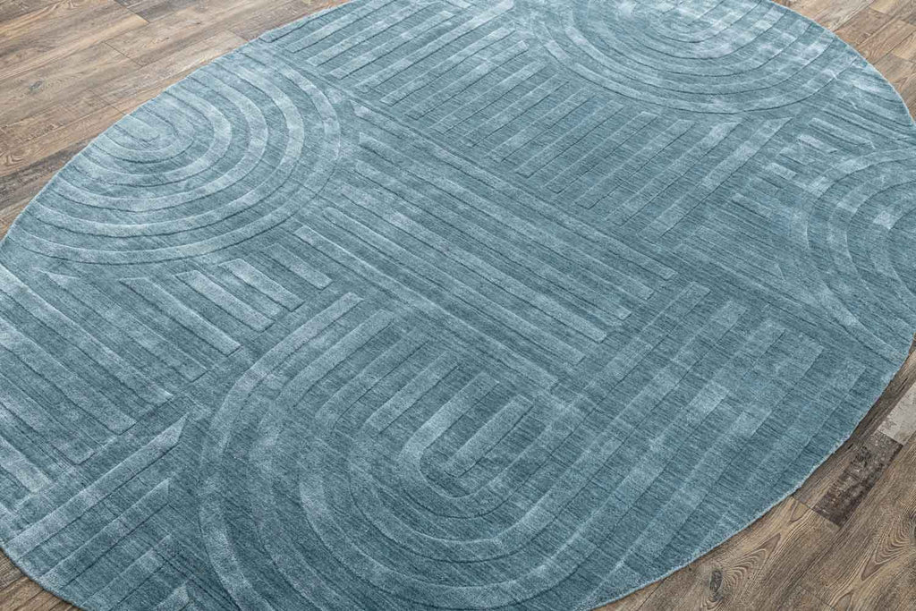 Curve Oval Dark Blue Wool And Bamboo Silk Handloom Carpet