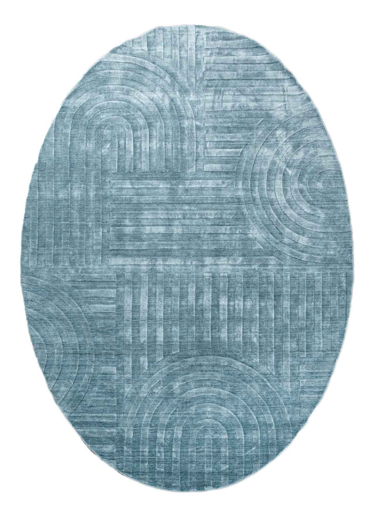Curve Oval Dark Blue Wool And Bamboo Silk Handloom Carpet