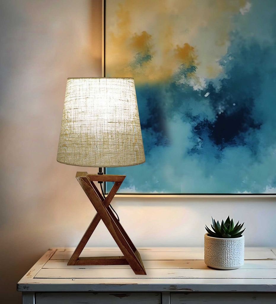 Solid Wood Catapult Black Fabric Lampshade Table Lamp With Brown Base