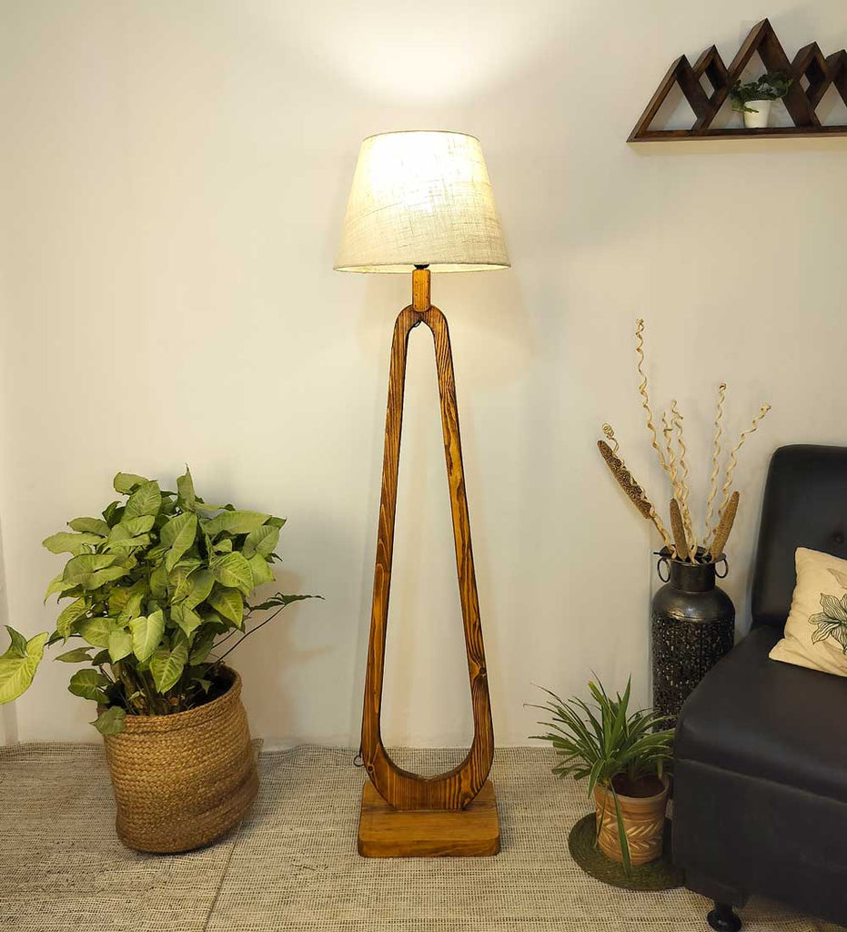 Cavern Wooden Floor Lamp with Brown Base and Jute Fabric Lampshade