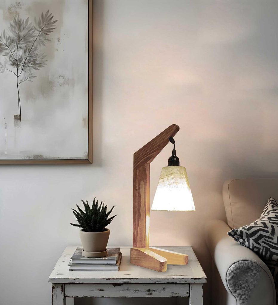 Charles Brown Wooden Table Lamp with White Jute Lampshade