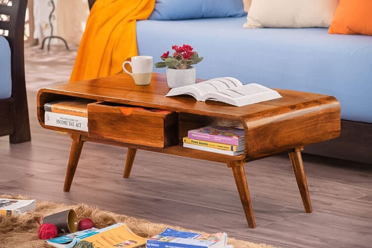 Solid Wood Slant Coffee Table with Drawer Honey