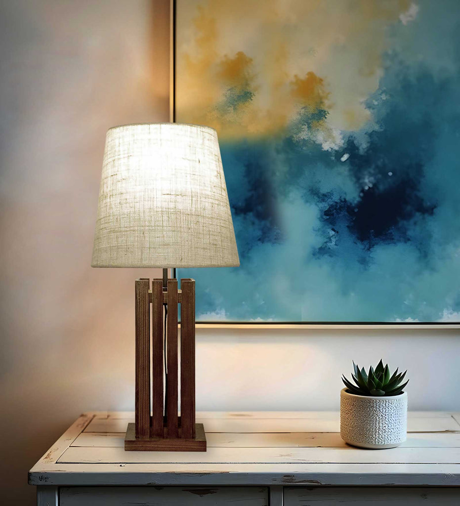 Solid Wood Elegant Black Fabric Lampshade Table Lamp With Brown Base