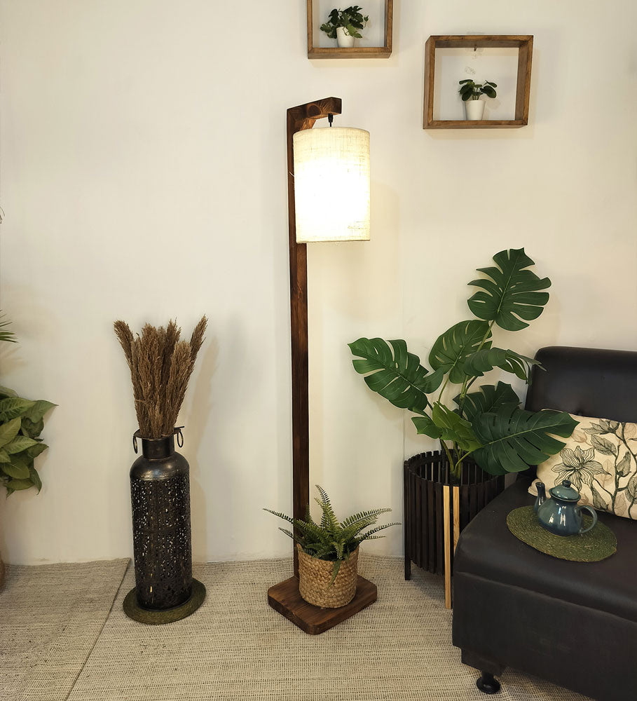 Solid Wood Elementary White Fabric Lampshade Floor Lamp With Brown Base