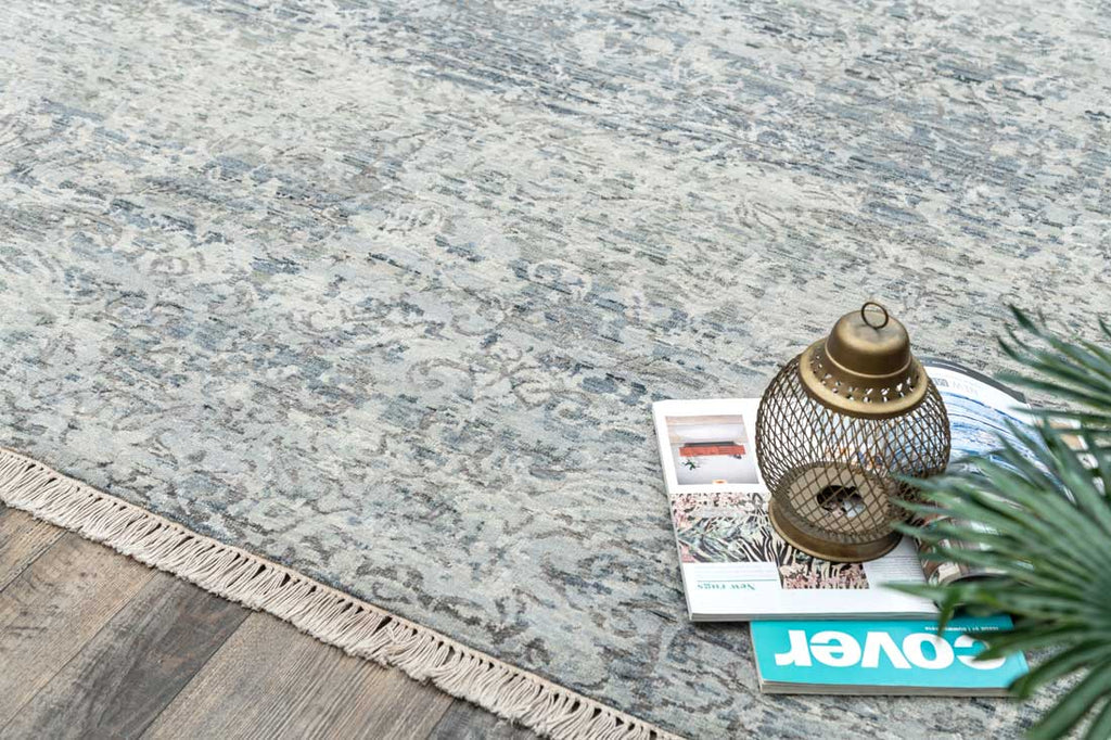 Luxury - Pristine Grey Blue Wool & Silk Hand Knotted Premium Carpet