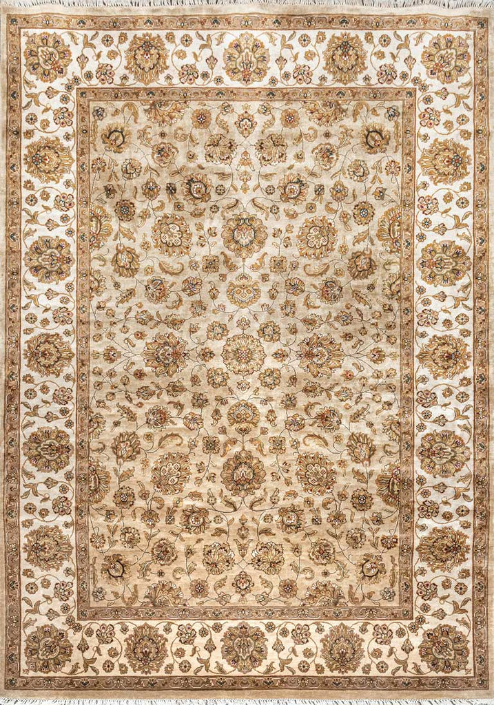 Luxury - Kashmere Gold Camel Ivory Pure Silk Hand Knotted Premium Carpet