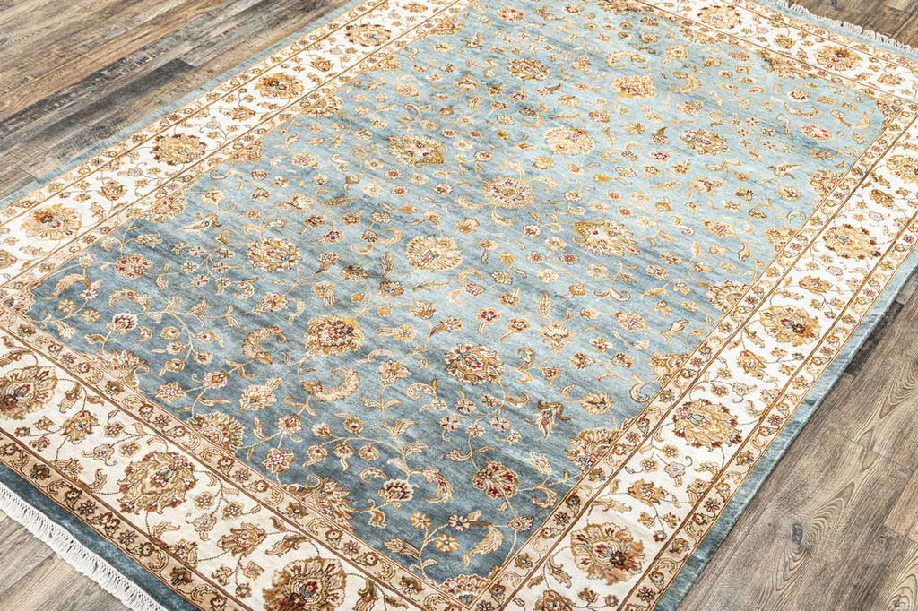 Luxury - Kashmere Neer Blue Ivory Pure Silk Hand Knotted Premium Carpet