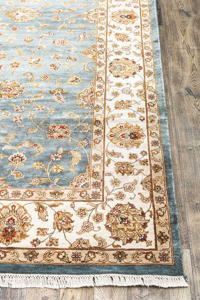 Luxury - Kashmere Neer Blue Ivory Pure Silk Hand Knotted Premium Carpet