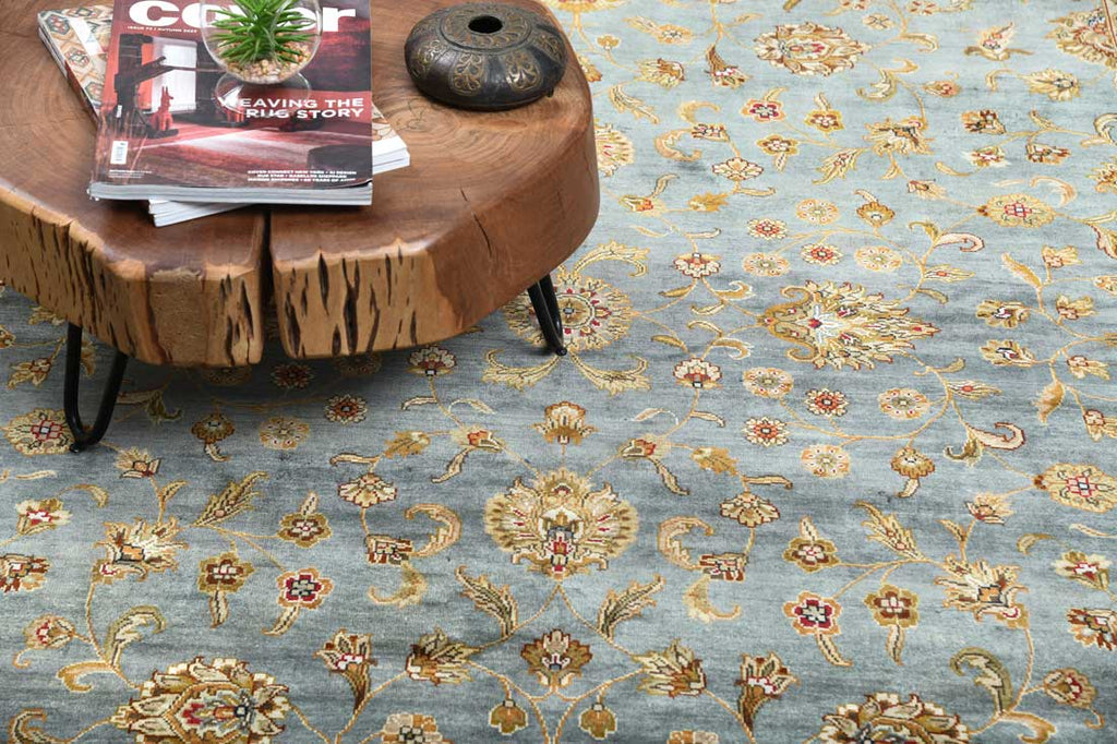 Luxury - Kashmere Neer Blue Ivory Pure Silk Hand Knotted Premium Carpet